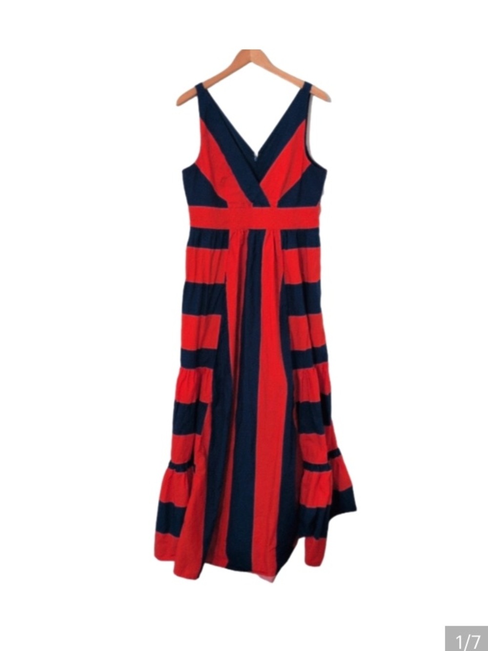 J. Crew Red and Navy Striped V-Neck Maxi Dress